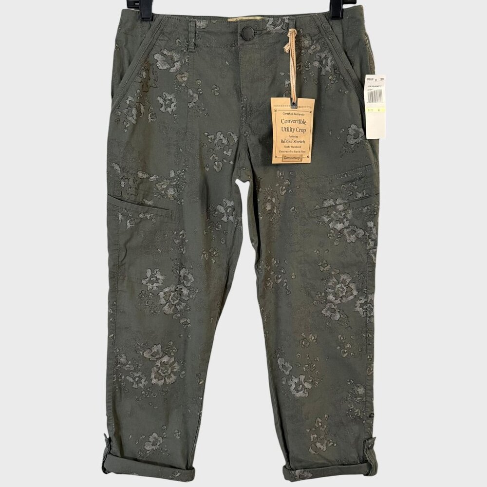 Democracy Cropped Pants Green Women's 4 Cuffed Capri Utility Cargo Floral NEW